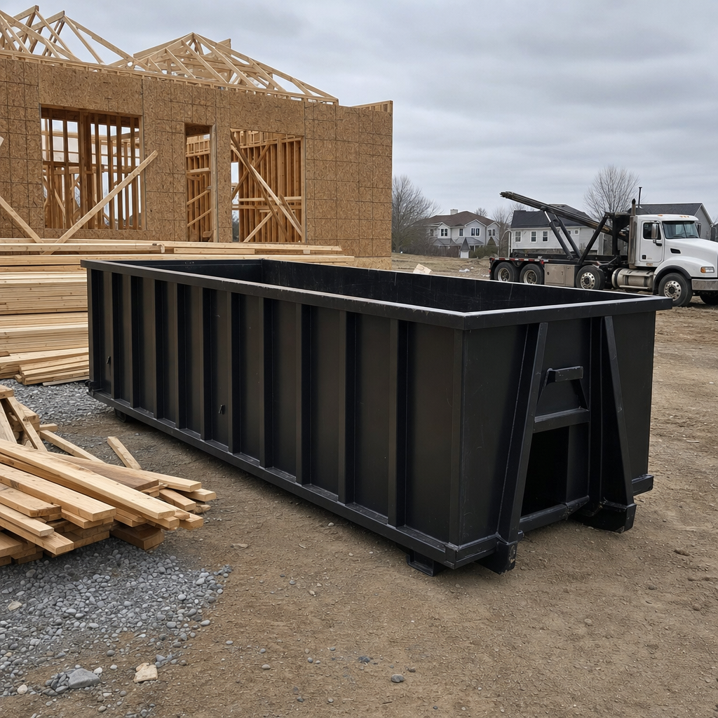 Matte-black 40-yard roll-off dumpster staged on a framed-out residential construction site in Glendale, framing lumber stacked nearby, hooklift delivery truck visible in the background under bright Colorado daylight