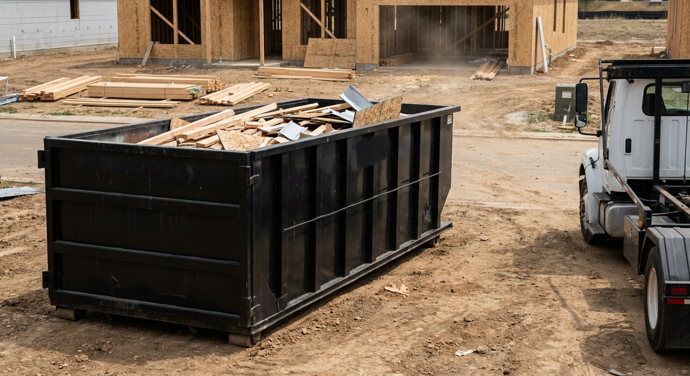 Matte-black 20-yard roll-off construction dumpster with heavy ribbed steel sidewalls and swing rear doors at a working jobsite in Glendale, sitting directly on compacted dirt with an unmarked white hauler partially visible at the far edge of the frame.