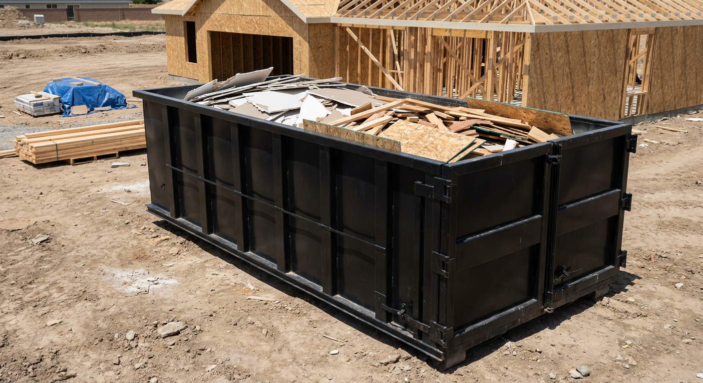 Matte-black 30-yard roll-off construction dumpster sitting directly on the compacted-dirt site of a framed single-family home build in Glendale, drywall and lumber scrap loaded inside.