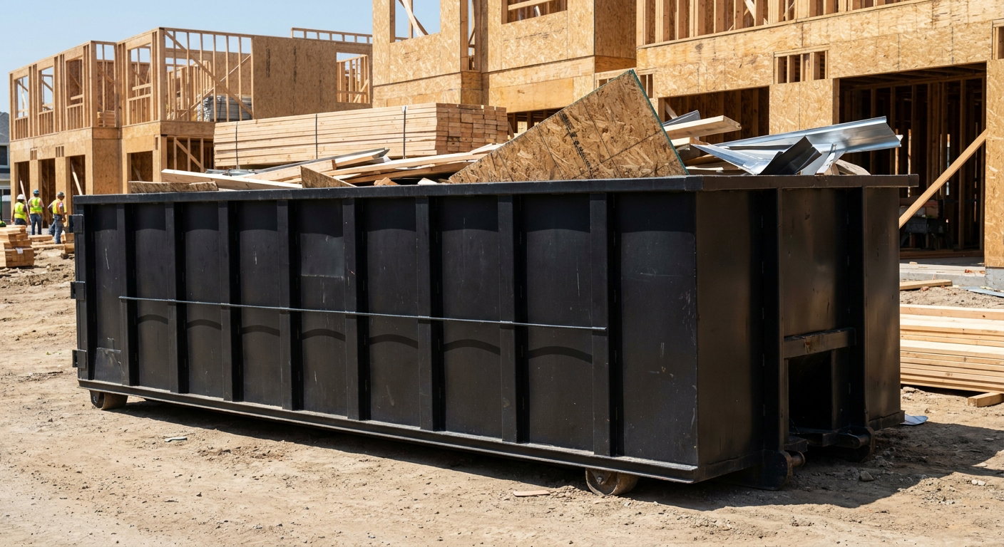 Matte-black 40-yard roll-off construction dumpster being lowered from a white-cab hooklift delivery truck onto the compacted-dirt jobsite at a commercial build site in Glendale