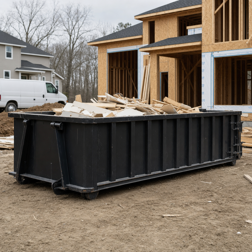 Worker in a yellow high-visibility vest tossing framing lumber and broken drywall into a matte-black 30-yard construction roll-off dumpster on an active build site in Glendale, bright daylight