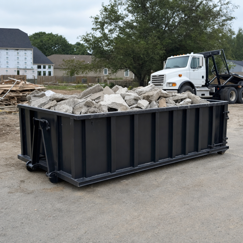 Low-profile matte-black lowboy roll-off dumpster loaded with broken concrete slab and rebar at a foundation tear-out in Glendale, skid steer parked beside it, sunny Colorado morning
