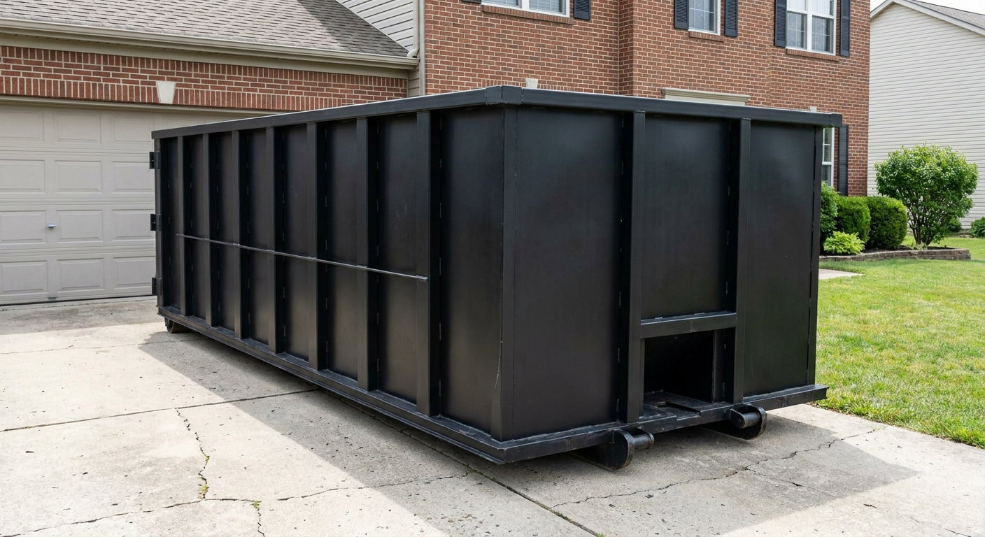 Matte-black 20-yard roll-off container on a Glendale residential concrete driveway with reinforced ribbed steel sidewalls and a hinged rear walk-in door, clean bright daylight.