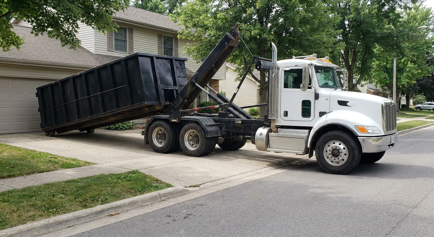 White-cab hooklift roll-off truck actively lowering a matte-black dumpster onto a Glendale residential concrete driveway, the dumpster's rear wheels touching the driveway as the hoist arm tilts the bed forward, mid-morning daylight.