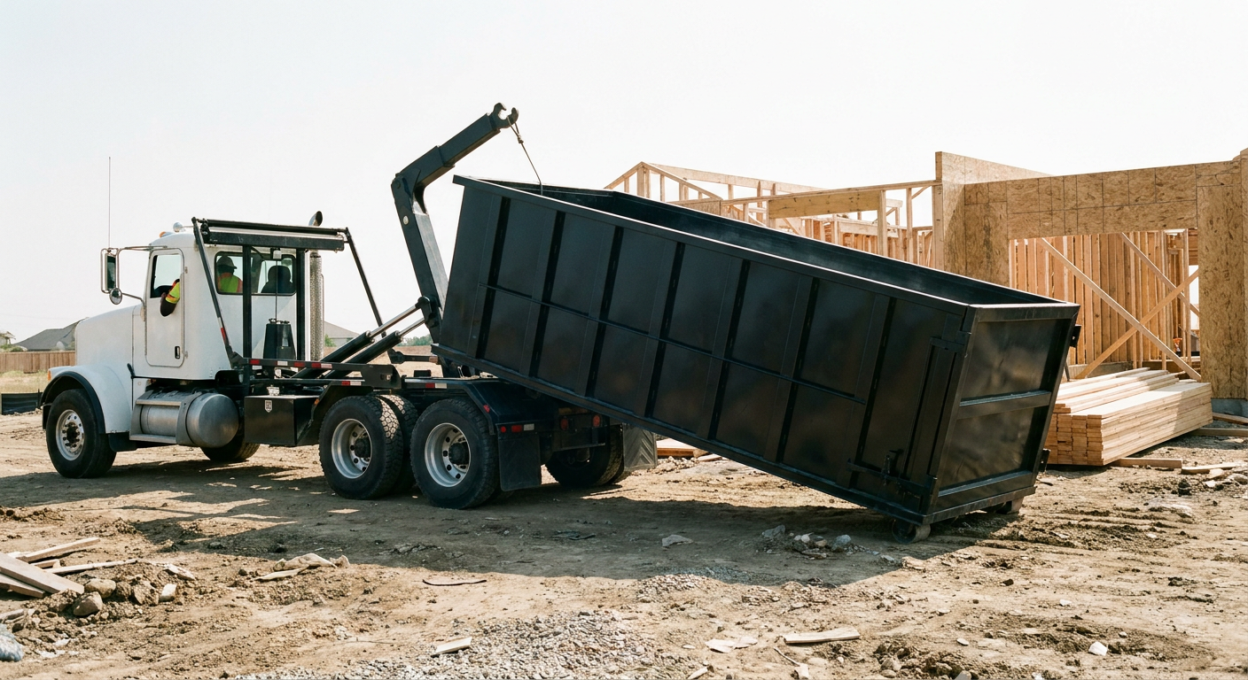 Matte-black roll-off dumpster being delivered onto a clean residential concrete driveway in Glendale by an unmarked white hooklift hauler truck, bright morning daylight, documentary 35mm perspective.