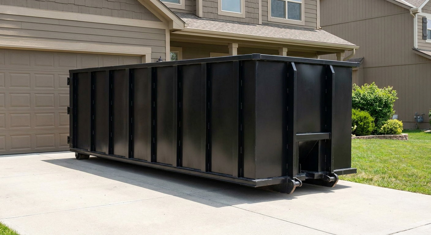Matte-black residential roll-off dumpster sitting directly on a suburban Glendale concrete driveway, garage door closed, single-family home in background, bright morning daylight.