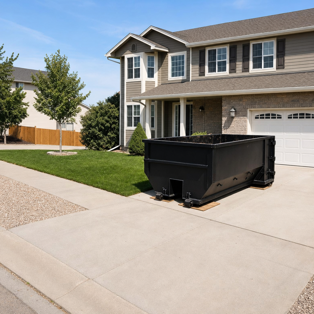10-yard matte-black residential dumpster placed directly on a narrow Glendale concrete driveway, room remains for a parked sedan beside it, mid-morning natural light