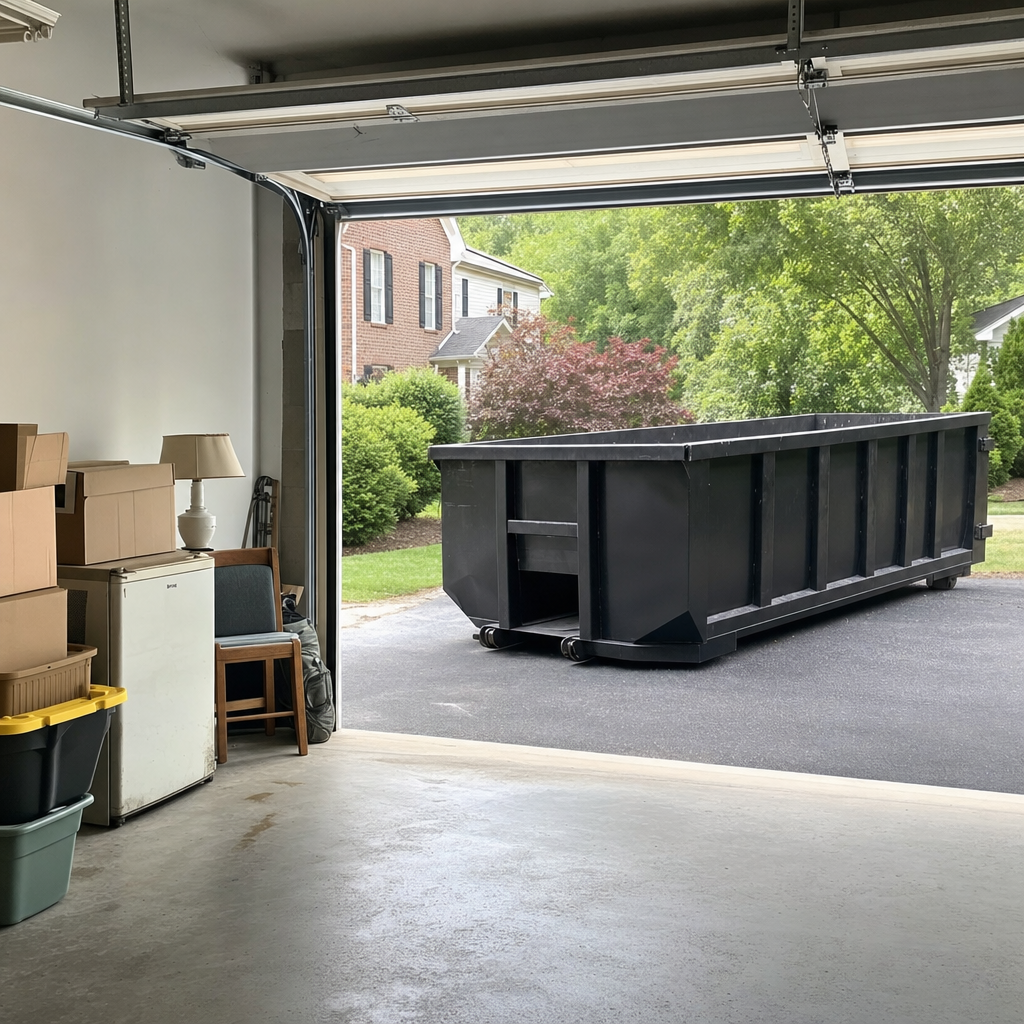 Open garage interior in a Glendale home mid-cleanout — boxed items, an old appliance, and stacked yard tools queued near the driveway for a matte-black roll-off dumpster, organized and calm