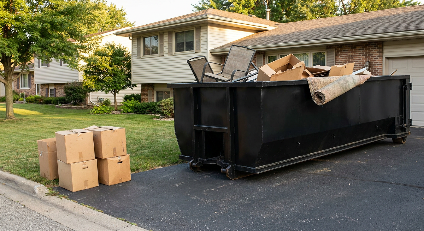 Front-yard view of a Glendale split-level home with a 20-yard matte-black roll-off dumpster sitting directly on the asphalt driveway, a few clearly labeled donation boxes staged at the curb, calm sunny afternoon.