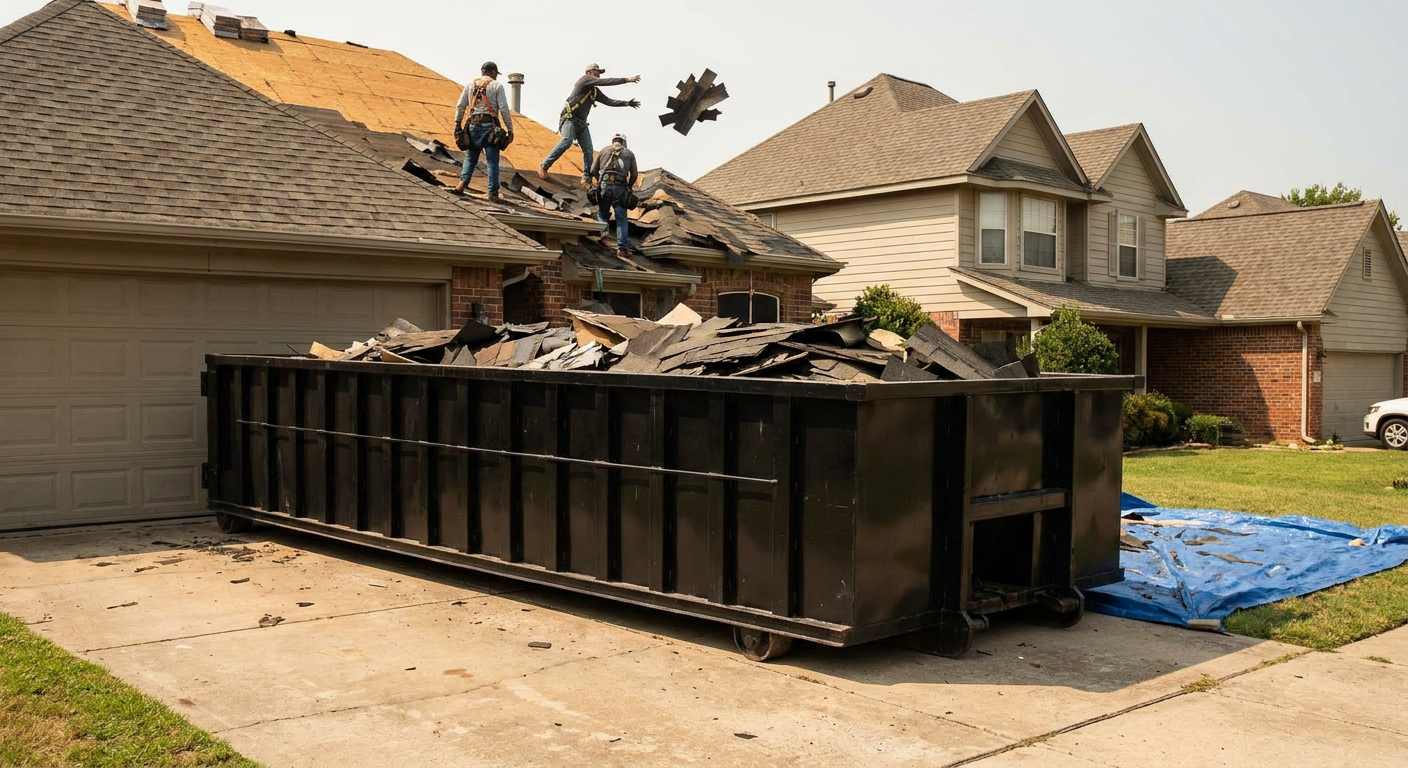 Matte-black roofing roll-off dumpster placed directly on a Glendale residential concrete driveway, a tear-off crew on a two-story asphalt-shingle roof tossing shingle bundles into the low-walled container, bright daylight, documentary 35mm perspective.
