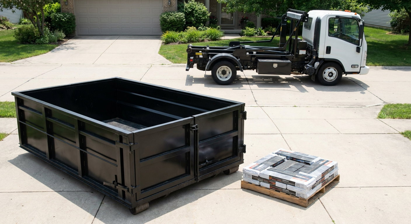 Matte-black 15-yard roofing roll-off dumpster with reinforced low side walls sitting directly on a Glendale residential concrete driveway, three-tab asphalt shingle bundles stacked nearby, an unmarked white hauler truck partially visible at the edge of the frame.