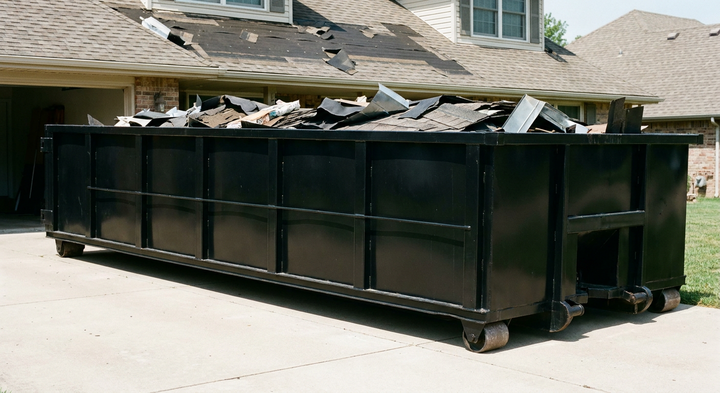 Matte-black 20-yard roofing roll-off dumpster with steel ribbed sides and swinging rear door, sitting directly on the concrete driveway of a two-story Glendale home, asphalt shingle debris being loaded over the low wall, clean documentary lighting.
