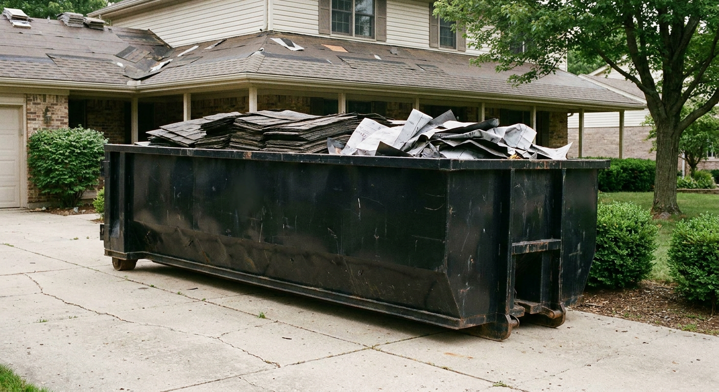 Matte-black 30-yard roofing roll-off dumpster sitting directly on a Glendale concrete driveway, taller ribbed steel side panels, mixed tear-off debris of asphalt shingles and underlayment inside, professional documentary daylight.