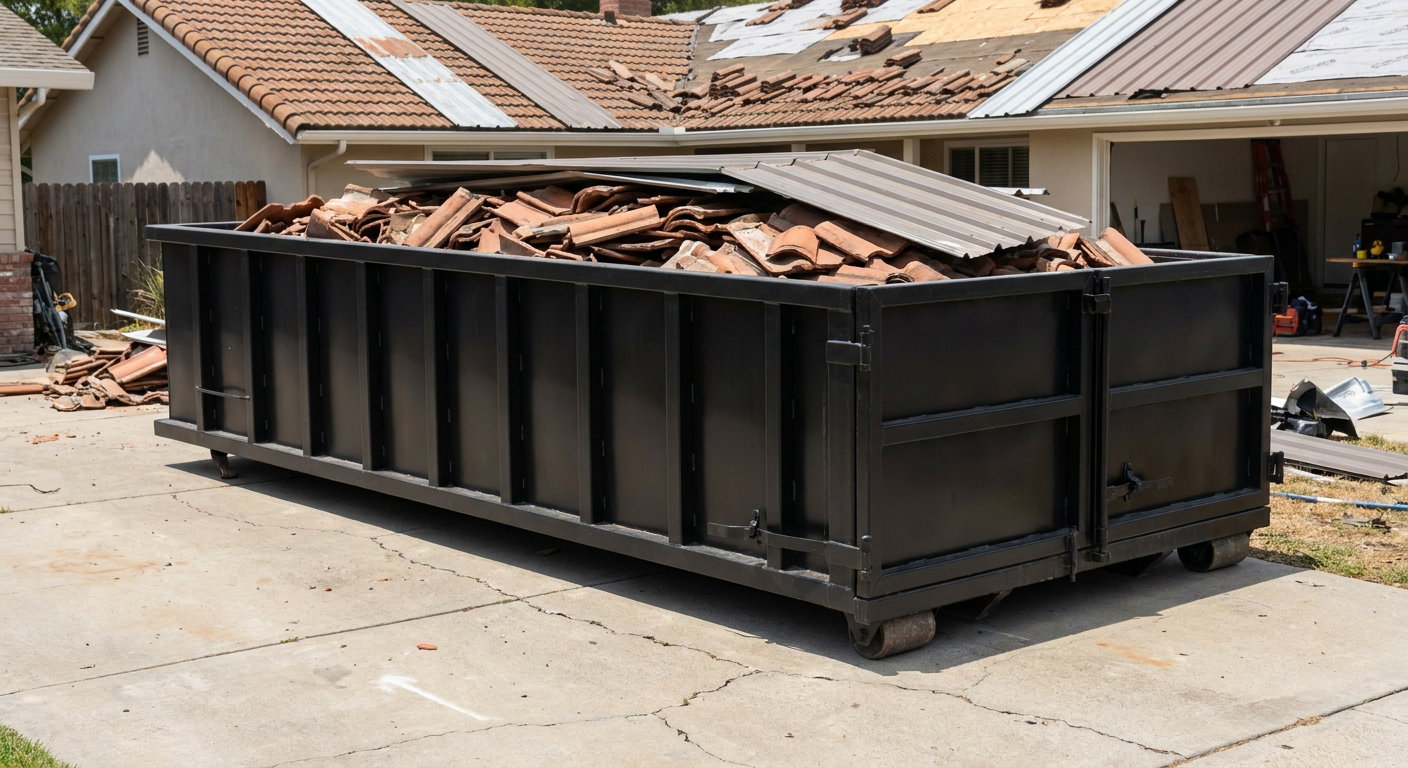 Matte-black low-wall heavy-debris roofing roll-off dumpster sitting directly on a Glendale concrete driveway, broken concrete clay roof tiles and metal panel sections loaded inside, reinforced ribbed steel side walls visible, bright outdoor daylight.