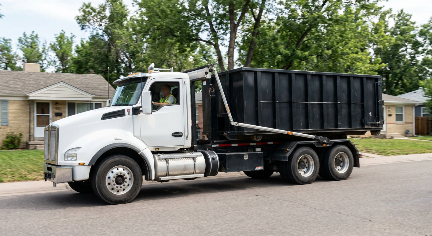 A wide documentary shot of a matte-black roll-off delivery truck pulling onto a quiet Glendale residential street at mid-morning, with neighborhood rooftops and tree-lined blocks visible behind, showing the metro coverage footprint.
