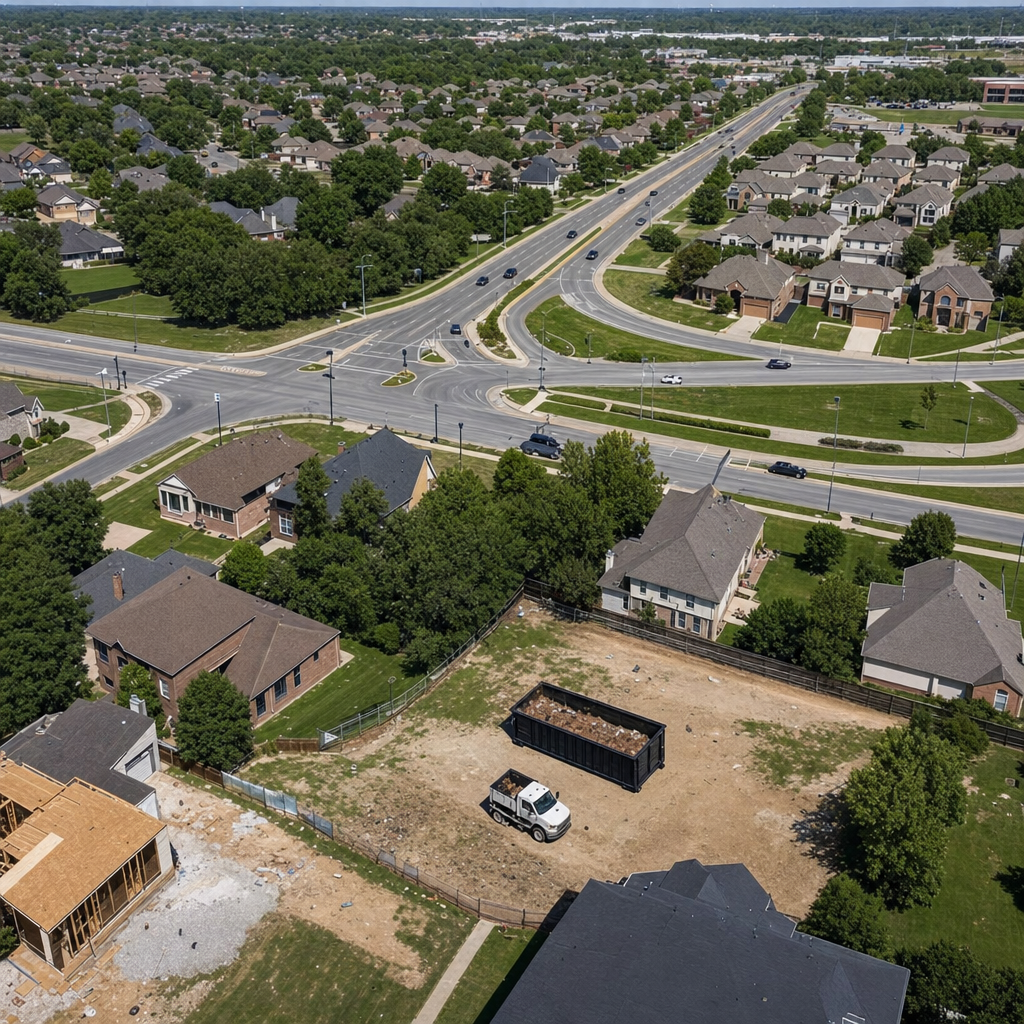 An overhead documentary view of the Glendale metro area at midday, showing the spread of neighborhoods, arterial roads, and the dispatch radius from a central yard — clean daylight, organized geographic layout.