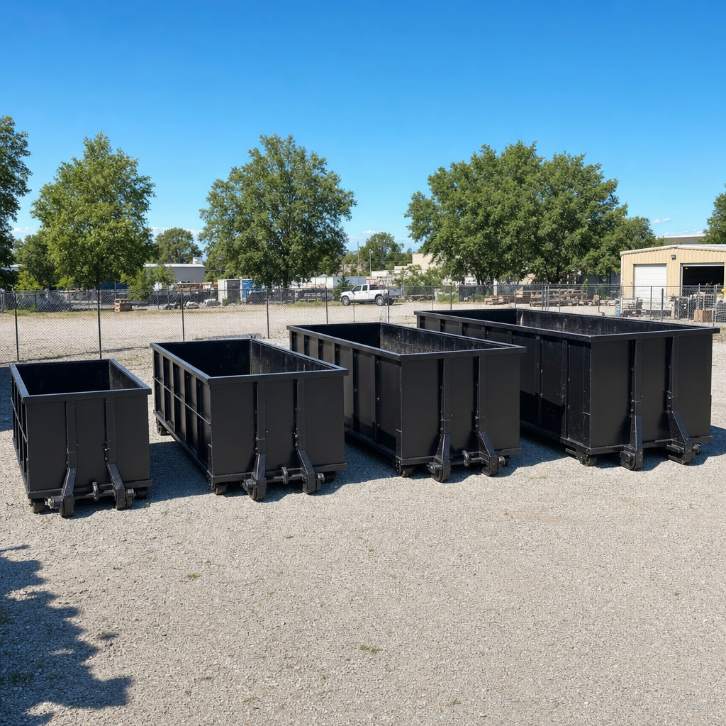 A clean lineup of matte-black roll-off dumpsters in 10, 20, 30, and 40-yard sizes staged on a sunlit gravel yard in Glendale, showing the size progression from compact to commercial-scale containers.