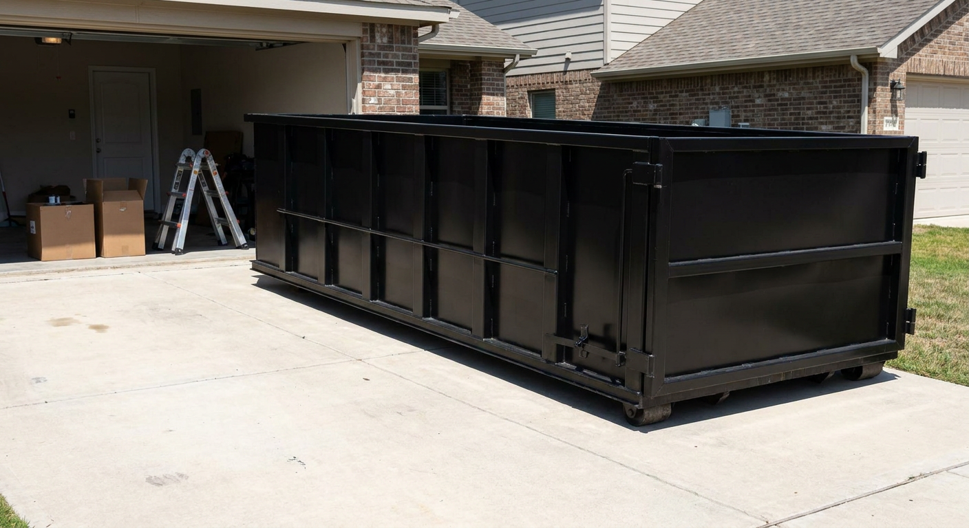 A matte-black 10-yard roll-off dumpster sitting directly on a residential Glendale concrete driveway, mid-day sunlight, clean and ready for a garage cleanout.