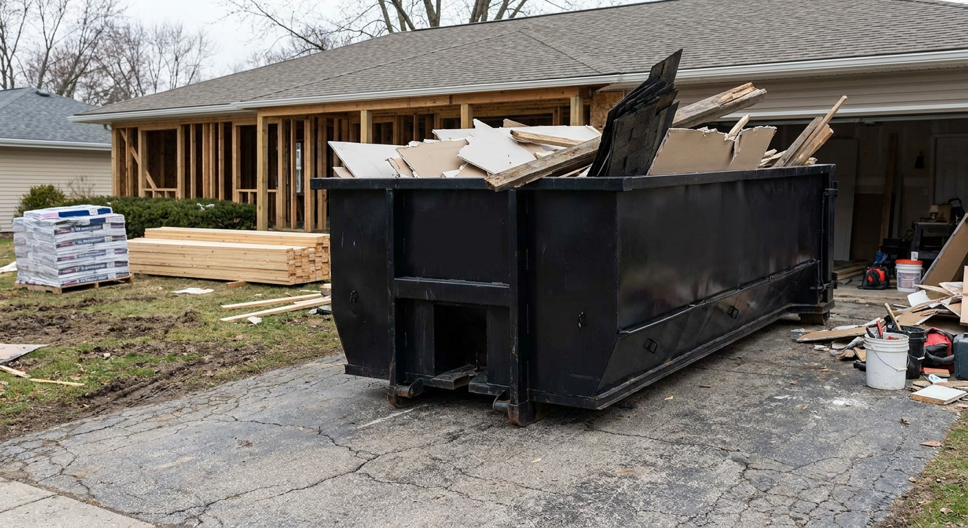A matte-black 20-yard roll-off dumpster placed alongside a mid-renovation Glendale home directly on the asphalt driveway, with framing materials and torn-off shingles staged neatly nearby.