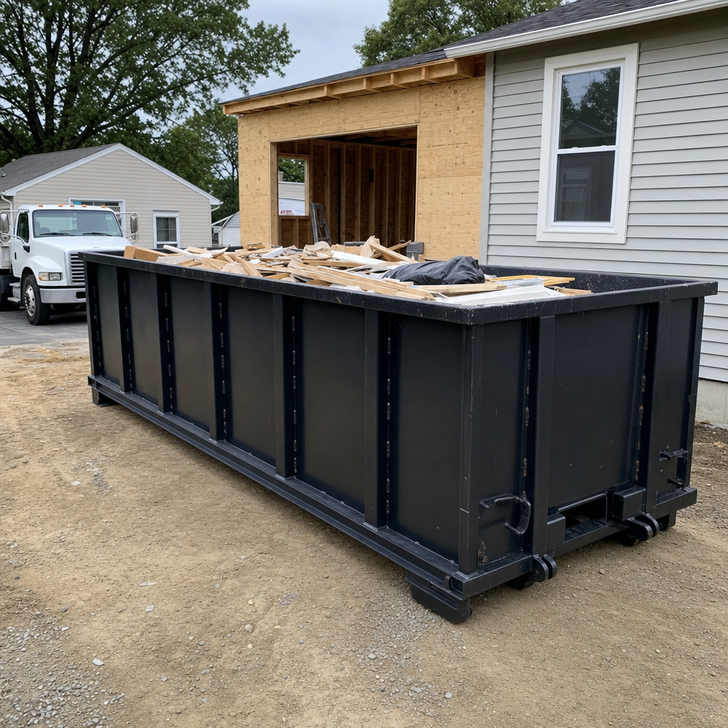 A matte-black 30-yard roll-off dumpster positioned at a Glendale residential addition jobsite, with framing lumber and drywall scraps loaded through the open swinging rear doors.
