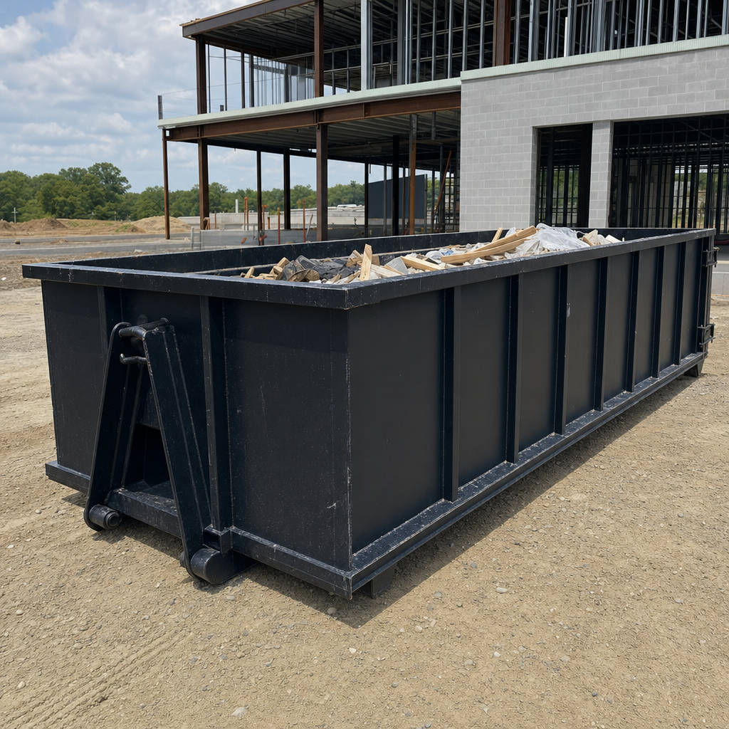 A matte-black 40-yard roll-off dumpster staged on a large Glendale commercial construction lot, with a hooklift delivery truck parked alongside under bright midday sky.