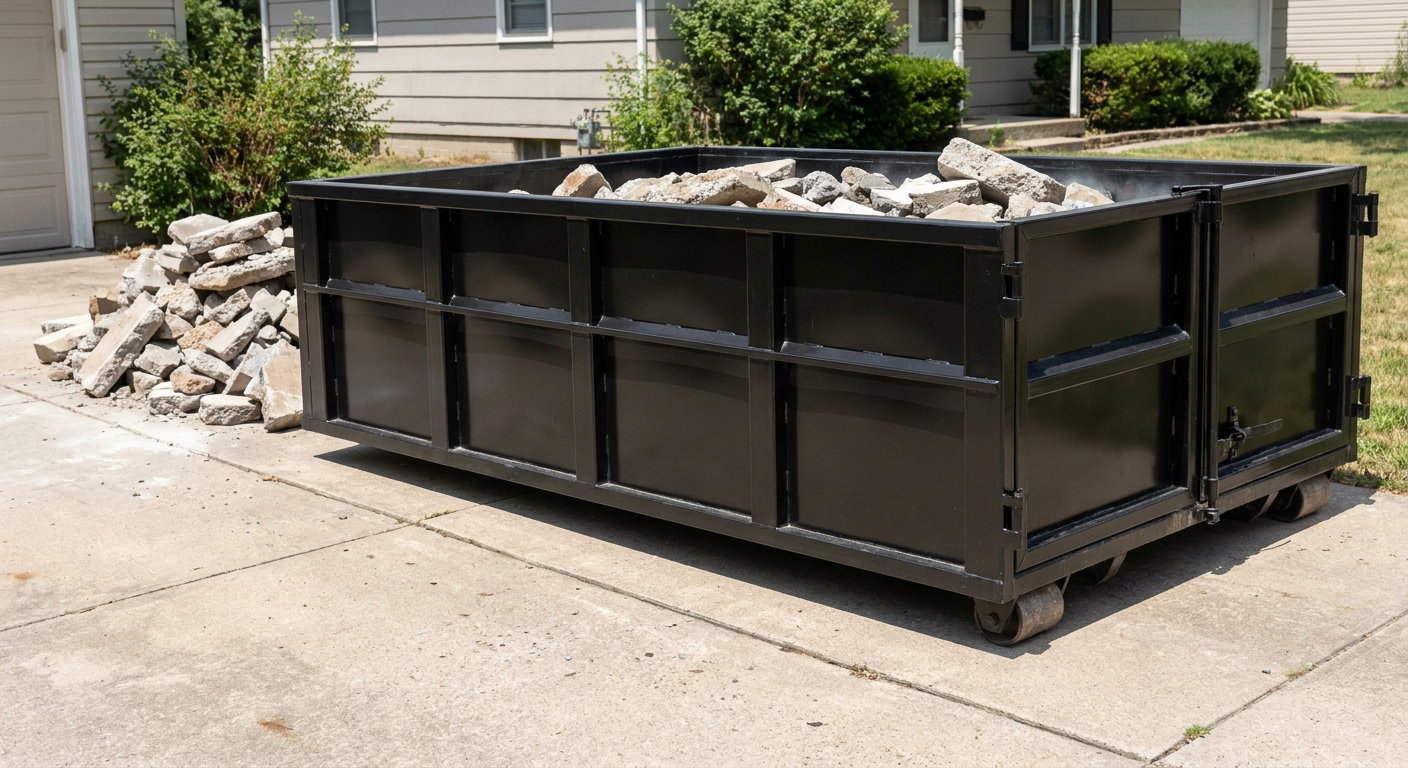 A matte-black low-side heavy-debris roll-off dumpster placed directly on a Glendale concrete driveway, with broken concrete chunks neatly stacked beside it under clean daylight.